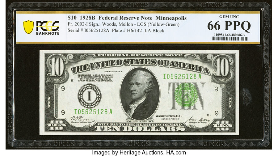 image for: Fr. 2002-I $10 1928B Federal Reserve Note. Light Green Seal. PCGS Banknote Gem Unc 66 PPQ....