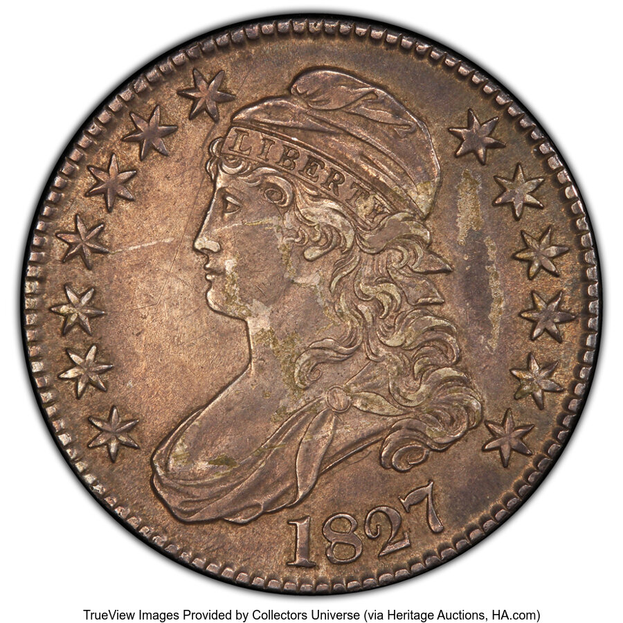 image for: 1827 50C Square Base 2, O-104, R.1, AU53 PCGS.  Mintage 5,493,400....