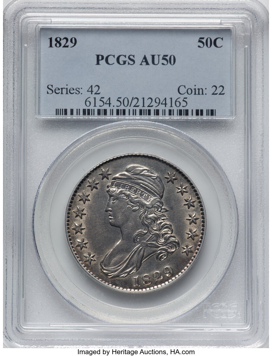 image for: 1829 50C Large Letters, O-110, R.3, AU50 PCGS.  Mintage 3,712,156....
