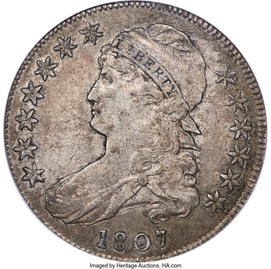 image for: 1807 50C Capped Bust, Large Stars, O-114, R.3, AU53 NGC. This scarce and often misattributed Capped Bust half dollar displa...