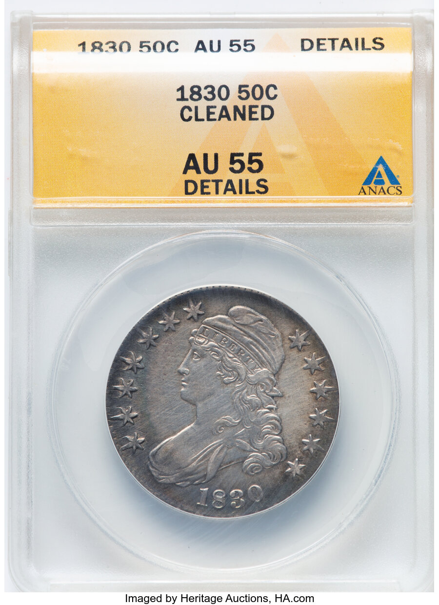 image for: 1830 50C Small 0, O-115, R.2 -- Cleaned -- ANACS Details. AU55.  Mintage 4,764,800....