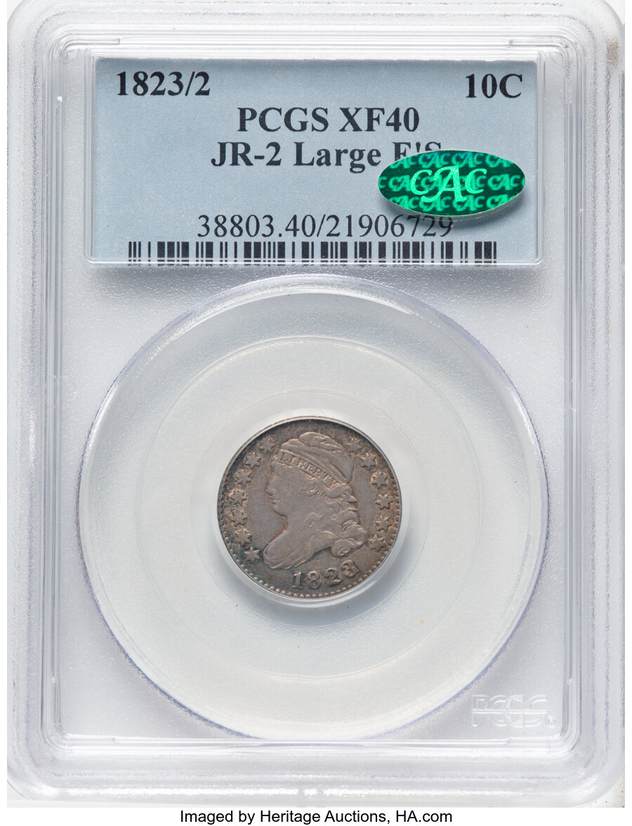 image for: 1823/2 10C Large E's, JR-2, R.4, XF40 PCGS. CAC. CAC Population: (0/2)....