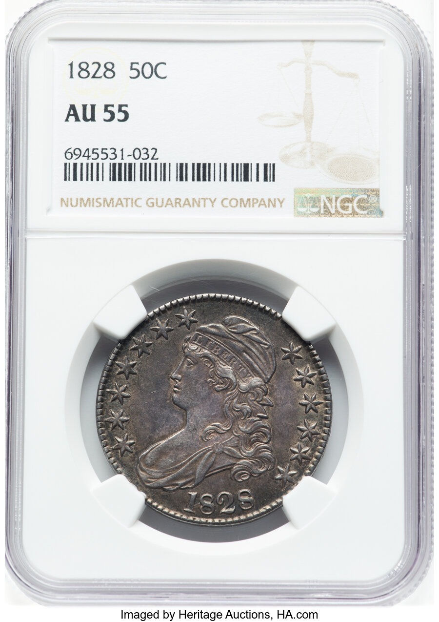 image for: 1828 50C Curl Base 2, No Knob, O-101, R.2, AU55 NGC.  Mintage 3,075,200....