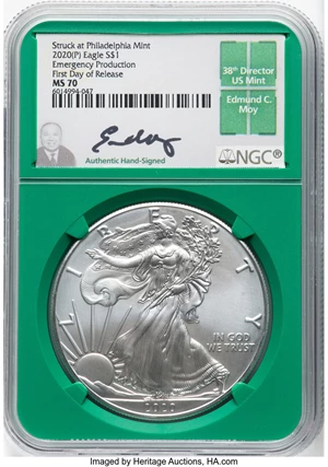 image for: 2020-(P) $1 Silver Eagle, Emergency Production, Struck at Philadelphia, First Day of Release MS70 NGC. Authentic Hand-Signe...