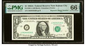 image for: Super Repeater Serial Number Fr. 1901-J $1 1963A Federal Reserve Note. PMG Gem Uncirculated 66 EPQ....