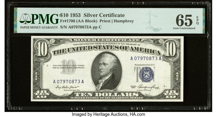 image for: Fr. 1706 $10 1953 Silver Certificate. PMG Gem Uncirculated 65 EPQ....