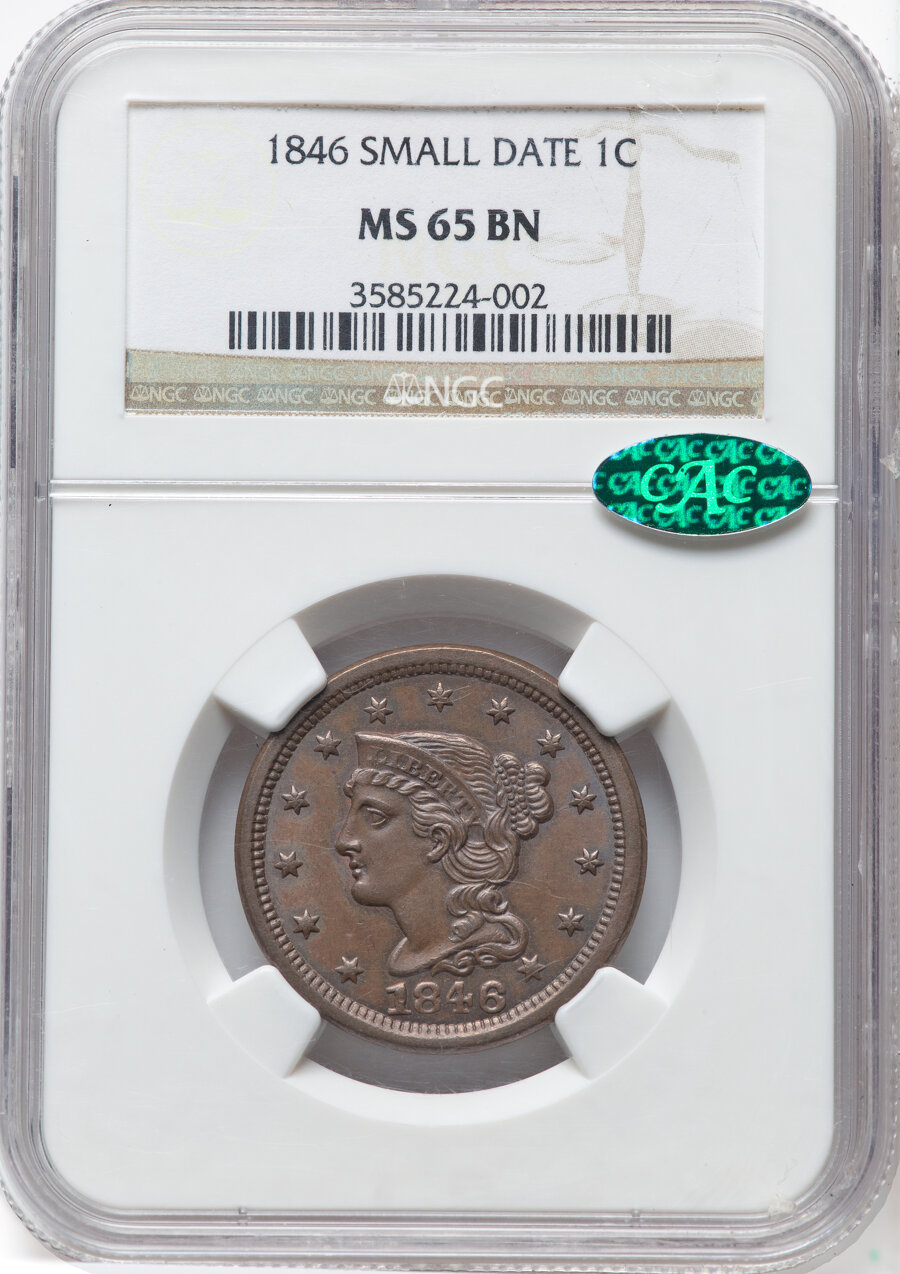 image for: 1846 1C Small Date, N-8, R.1, MS65 Brown NGC. CAC. CAC Population: (11/2). Mintage 4,120,800....