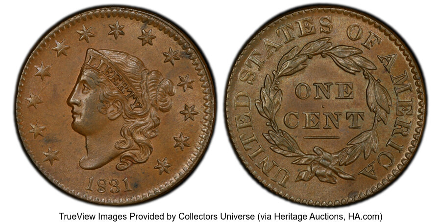image for: 1831 1C Large Letters, N-7, R.1, MS62 Brown PCGS. PCGS Population: (27/41 and 1/1+).  Mintage 3,359,260....