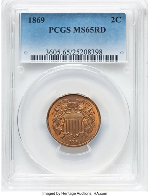 image for: 1869 2C MS65 Red PCGS. PCGS Population: (29/6). Mintage 1,546,500. ...