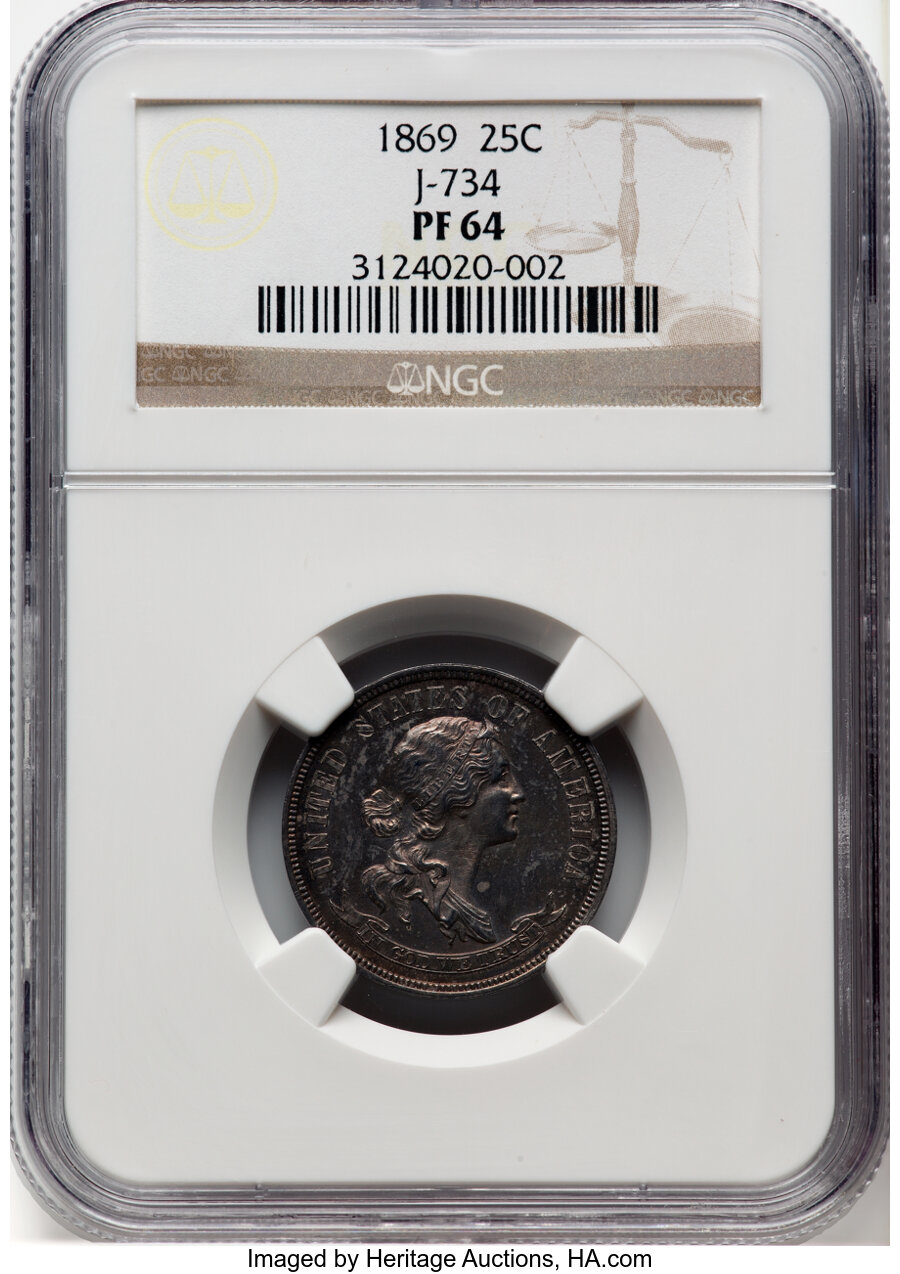 image for: 1869 25C Standard Silver Quarter, Judd-734, Pollock-815, High R.6, PR64 NGC. NGC Census: (3/3)....