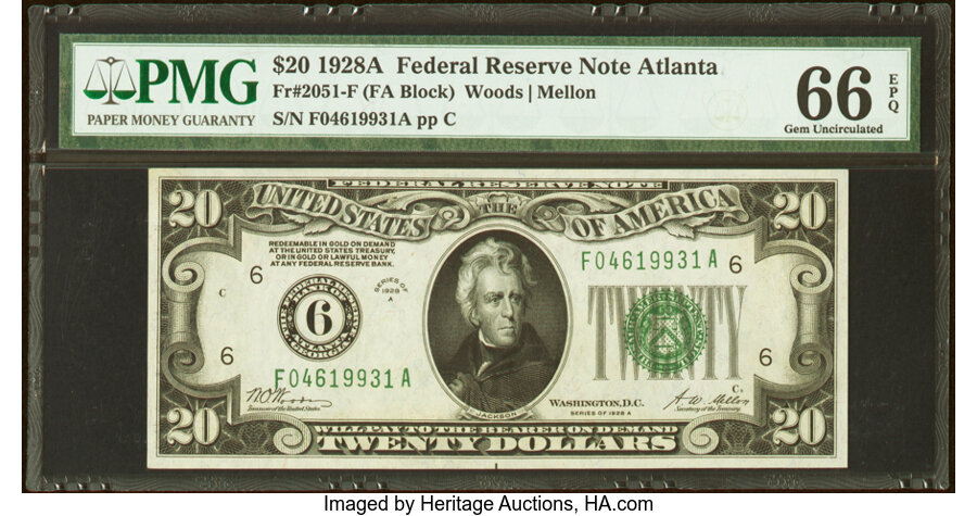 image for: Fr. 2051-F $20 1928A Federal Reserve Note. PMG Gem Uncirculated 66 EPQ....