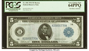 image for: Fr. 846 $5 1914 Federal Reserve Note PCGS Very Choice New 64PPQ....