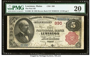 image for: Lewiston, ME - $5 1882 Brown Back Fr. 466 The First National Bank Ch. # 330 PMG Very Fine 20....
