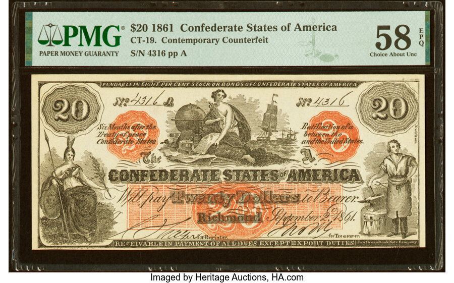 image for: CT19/137 Contemporary Counterfeit $20 1861 PMG Choice About Unc 58 EPQ....