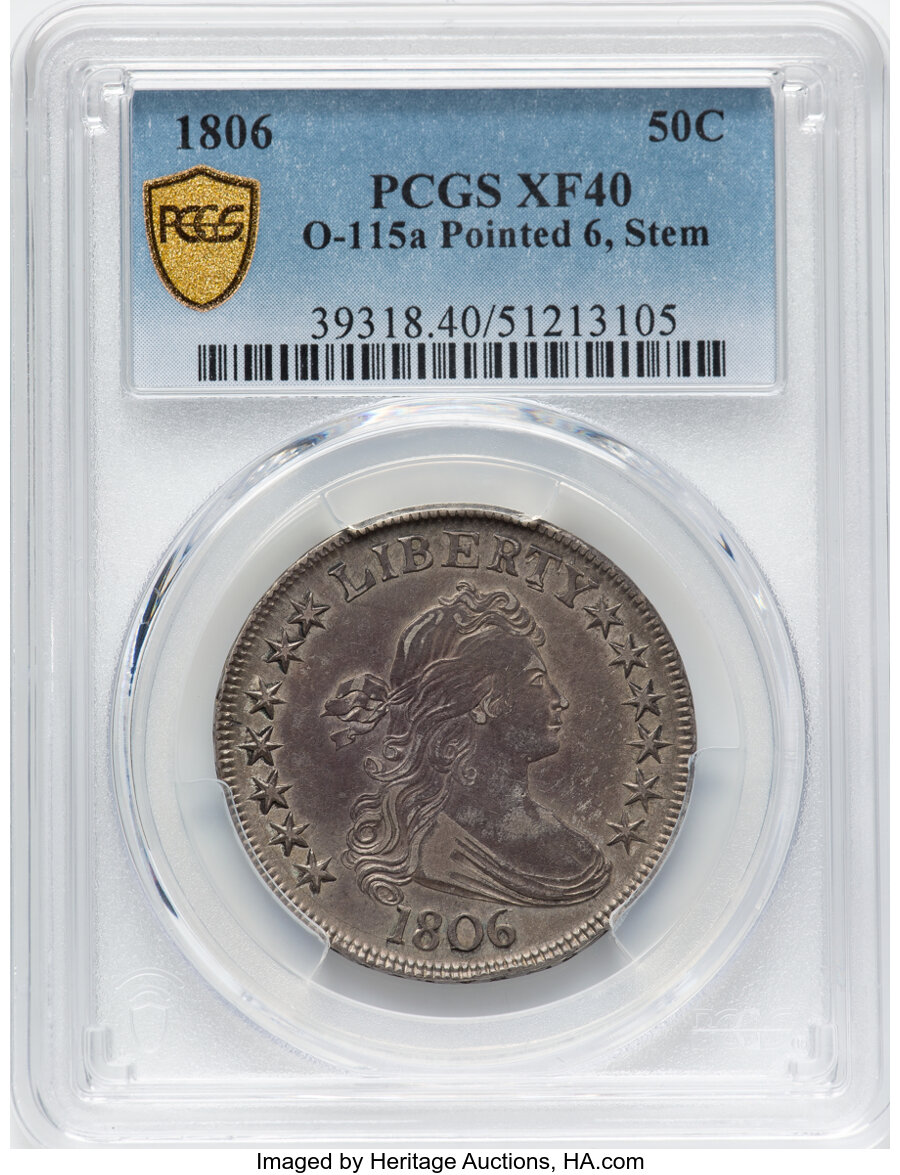 image for: 1806 50C Pointed 6, Stem, O-115a, T-17, R.1, XF40 PCGS. PCGS Population: (2/6 and 0/0+)....