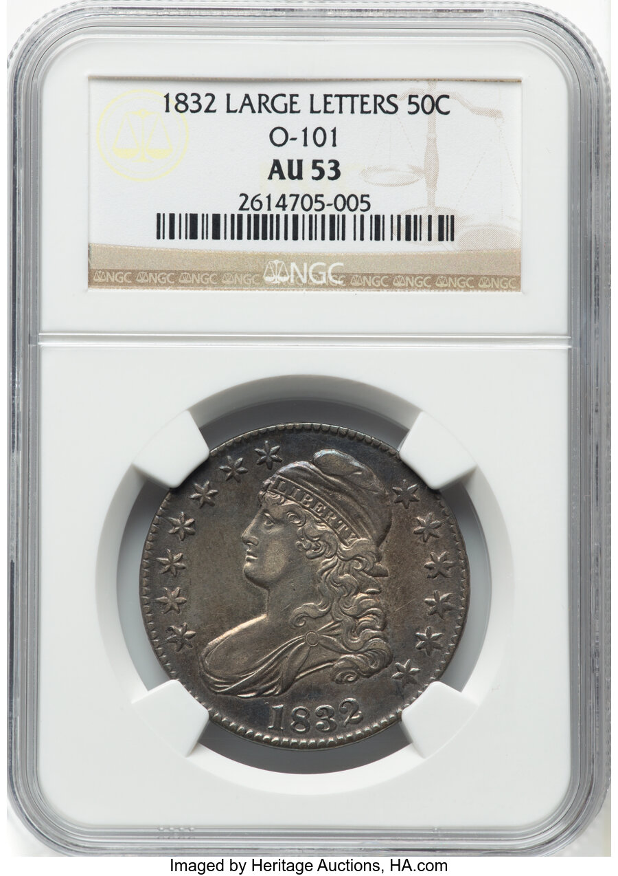 image for: 1832 50C Large Letters, O-101, R.2, AU53 NGC. NGC Census: (7/18)....
