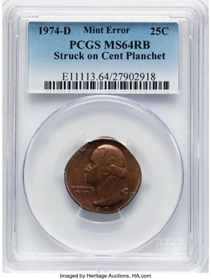 image for: 1974-D 25C Washington Quarter -- Struck On Cent Planchet -- MS64 Red and Brown PCGS....
