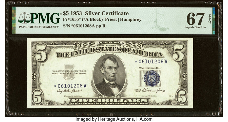image for: Fr. 1655* $5 1953 Silver Certificate Star. PMG Superb Gem Unc 67 EPQ....