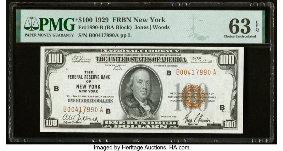 image for: Fr. 1890-B $100 1929 Federal Reserve Bank Note. PMG Choice Uncirculated 63 EPQ....