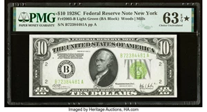 image for: Fr. 2003-B $10 1928C Light Green Seal Federal Reserve Note. PMG Choice Uncirculated 63 EPQ*....