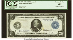 image for: Fr. 997 $20 1914 Federal Reserve Note PCGS Extremely Fine 40....