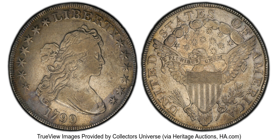 image for: 1799 $1 7x6 Stars, B-10, BB-163, R.2, VF30 PCGS.  Bowers Die State IV showing extensive reverse die cracks. This is the lat...