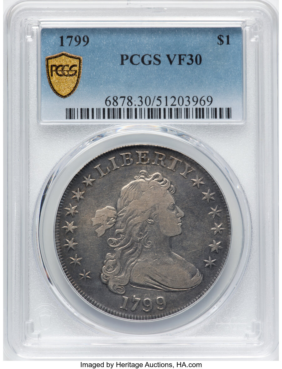 image for: 1799 $1 7x6 Stars, B-10, BB-163, R.2, VF30 PCGS.  Bowers Die State IV showing extensive reverse die cracks. This is the lat...