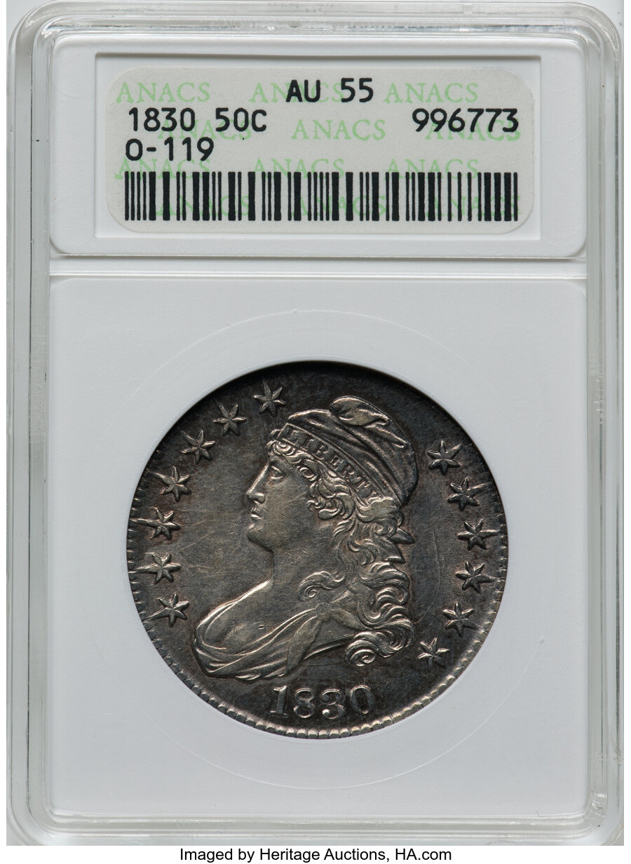 image for: 1830 50C Medium 0, O-119, R.1, AU55 ANACS. Housed in a small-sized holder. Mintage 4,764,800....