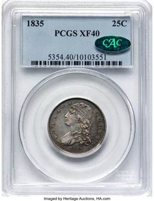 image for: 1835 25C B-2, R.2, XF40 PCGS. CAC. CAC Population: (29/64). Mintage 1,952,000....