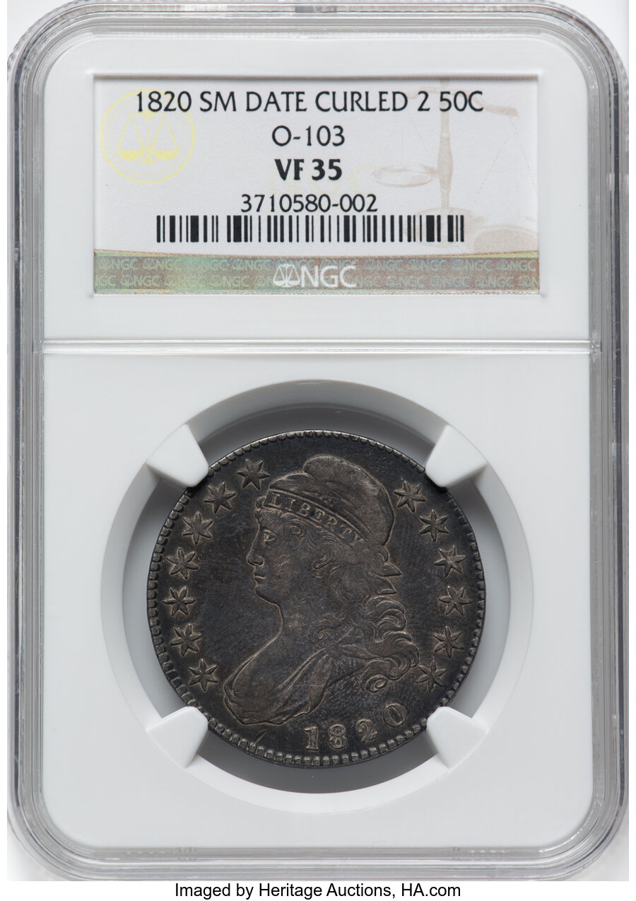 image for: 1820 50C Curl Base 2, Small Date, O-103, R.1, VF35 NGC. NGC Census: (5/17).  Mintage 751,122....