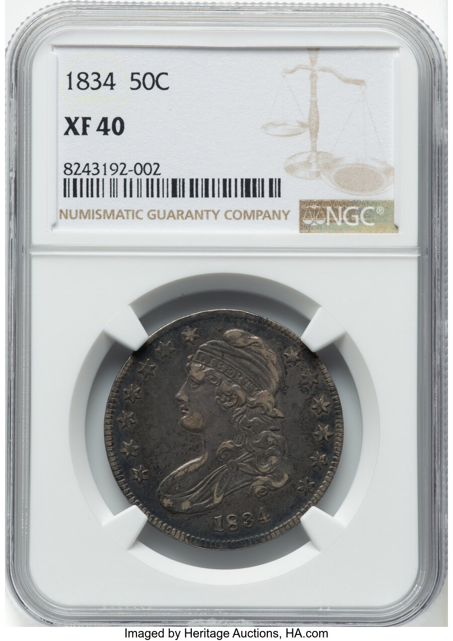 image for: 1834 50C Small Date, Small Letters, O-113, R.1, XF40 NGC.  Mintage 6,412,004....