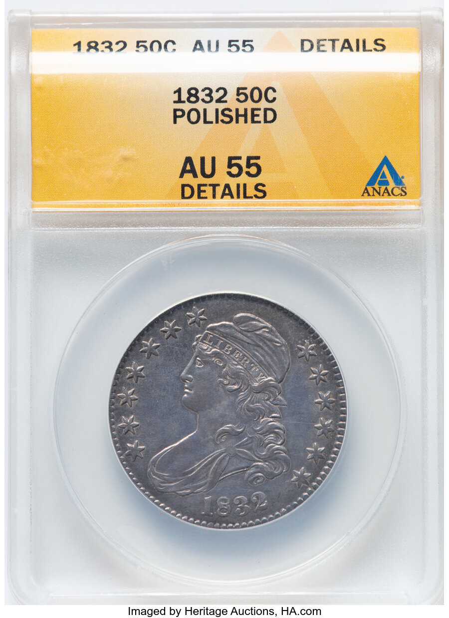image for: 1832 50C Small Letters, O-111, R.1 -- Polished -- ANACS Details. AU55.  Mintage 4,797,000....