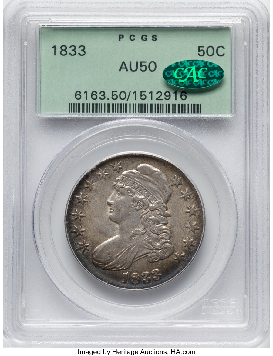 image for: 1833 50C O-103, R.2, AU50 PCGS. CAC. Housed in a Generation 3.1 green label holder. CAC Population: (19/222). Mintage 5,206...