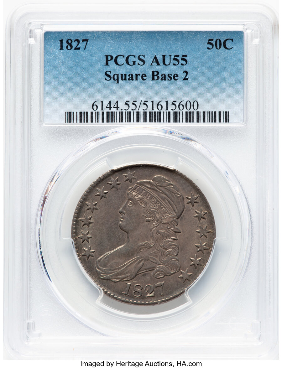 image for: 1827 50C Square Base 2, O-114, R.3, AU55 PCGS.  Mintage 5,493,400....
