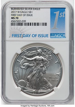 image for: 2017-W $1 Silver Eagle, First Day Issue, Burnished MS70 NGC....