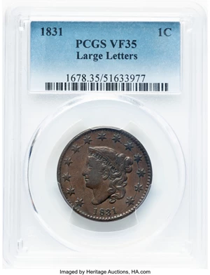 image for: 1831 1C Large Letters, N-12, R.1, VF35 PCGS. PCGS Population: (24/267). Mintage 3,359,260....