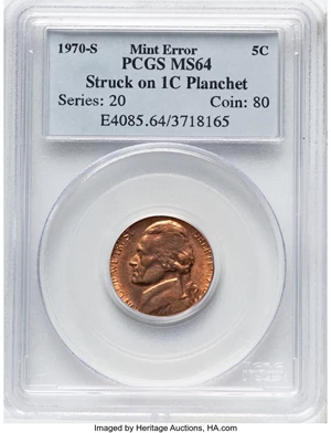 image for: 1970-S 5C Jefferson Nickel -- Struck on a 1C Planchet -- MS64 PCGS. Mintage 214,464,814....