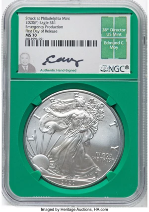 image for: 2020-(P) $1 Silver Eagle, Emergency Issue Struck at Philadelphia, First Day of Issue MS70 NGC. Authentic Hand-signed, Edm...