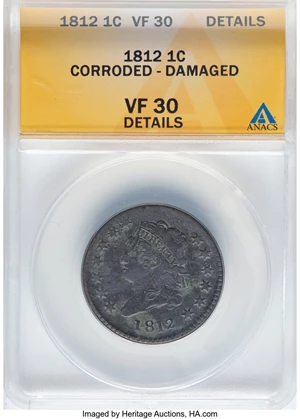 image for: 1812 1C Large Date, S-288, B-3, R.2 -- Corroded, Damaged -- ANACS Details. VF30. Mintage 1,075,500....