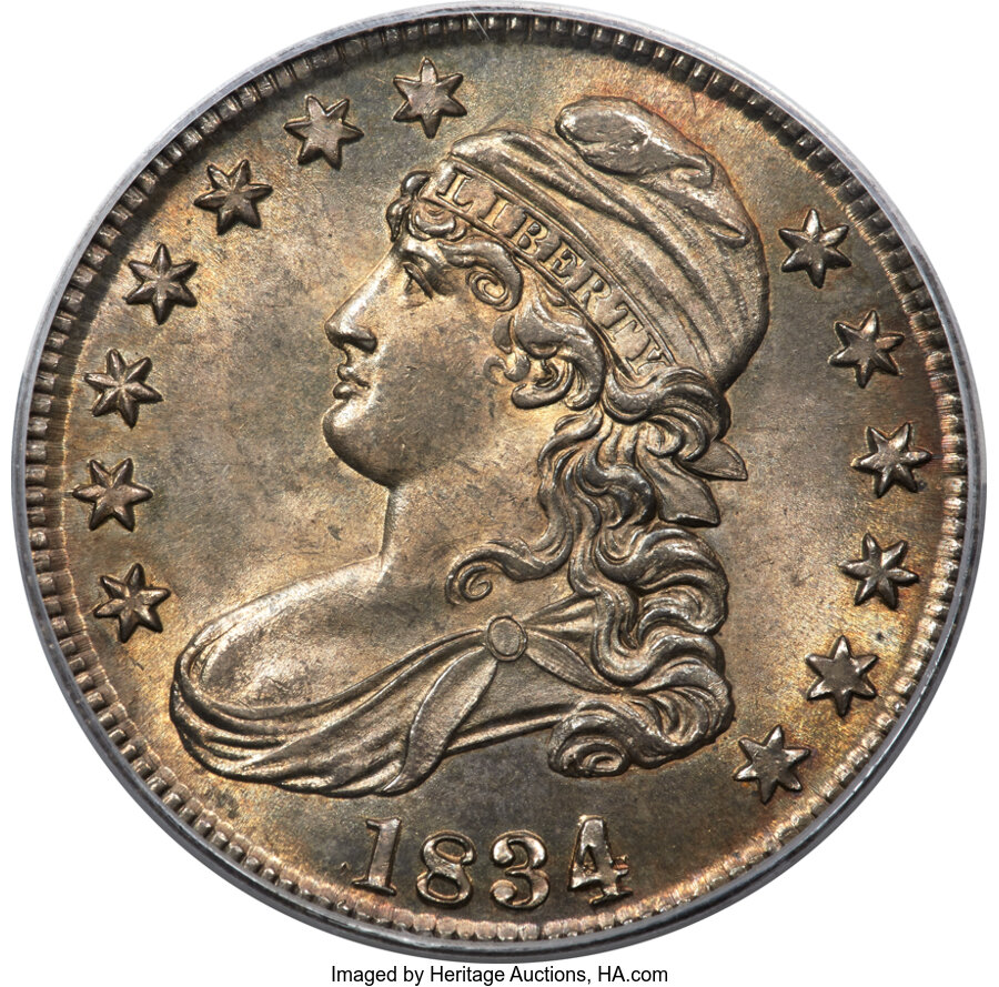 image for: 1834 50C Large Date, Small Letters, O-106, R.1, MS65 PCGS. CAC....