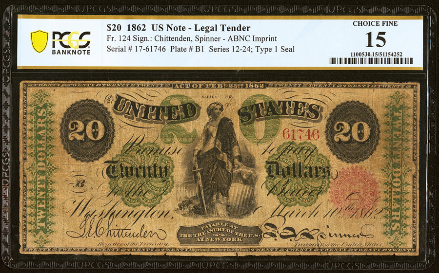 image for: Fr. 124 $20 1862 Legal Tender PCGS Banknote Choice Fine 15....