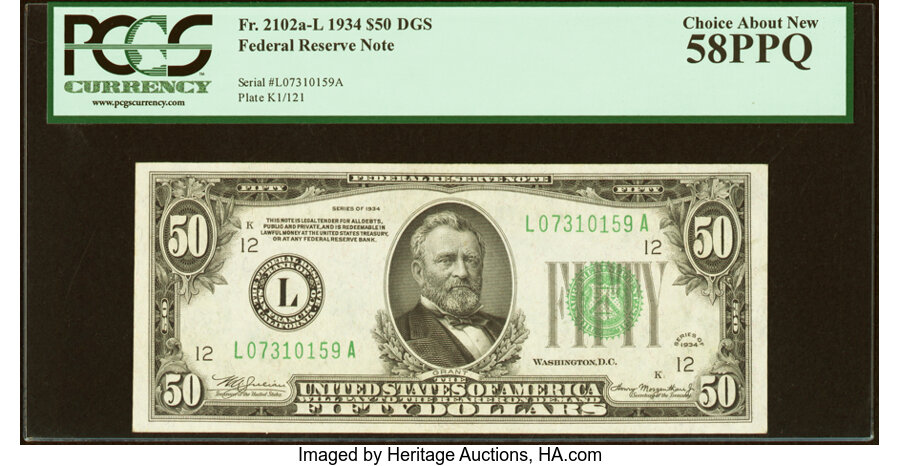 image for: Fr. 2102-L $50 1934 Federal Reserve Note. PCGS Choice About New 58PPQ....
