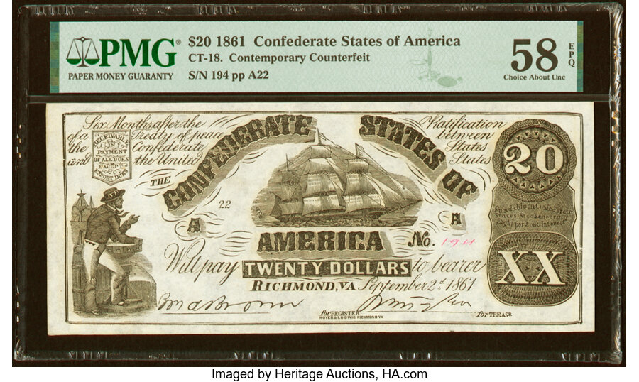 image for: CT18/129E Contemporary Counterfeit $20 1861 PMG Choice About Unc 58 EPQ....