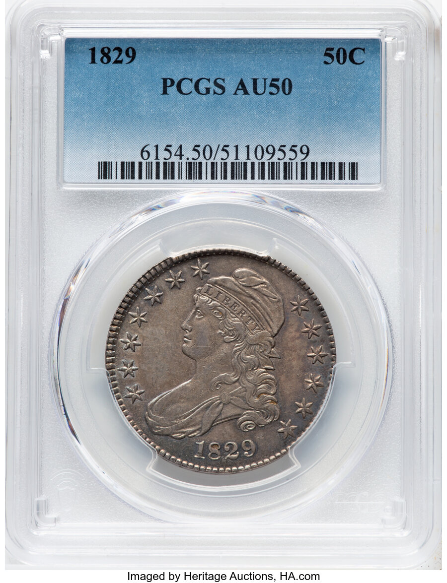 image for: 1829 50C Small Letters, O-115, R.1, AU50 PCGS.  Mintage 3,712,156....