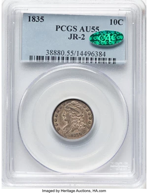 image for: 1835 10C JR-2, High R.3, AU55 PCGS. CAC. CAC Population: (0/2)....