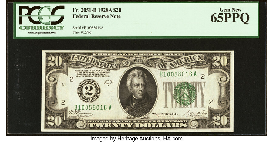 image for: Fr. 2051-B $20 1928A Federal Reserve Note. PCGS Gem New 65PPQ....