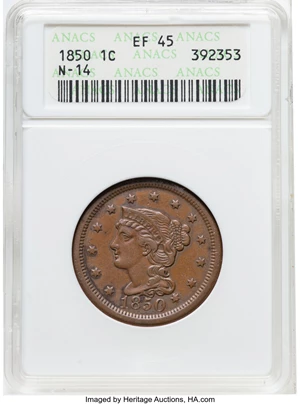 image for: 1850 1C N-14, R.4, XF45 ANACS. Housed in a small-sized holder. Mintage 4,426,844....