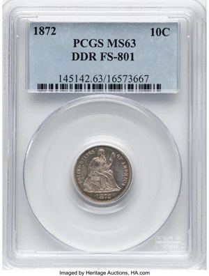 image for: 1872 10C Doubled Die Reverse, F-105, FS-801, R.5, MS63 PCGS. PCGS Population: (2/0). Mintage 2,396,450. ...