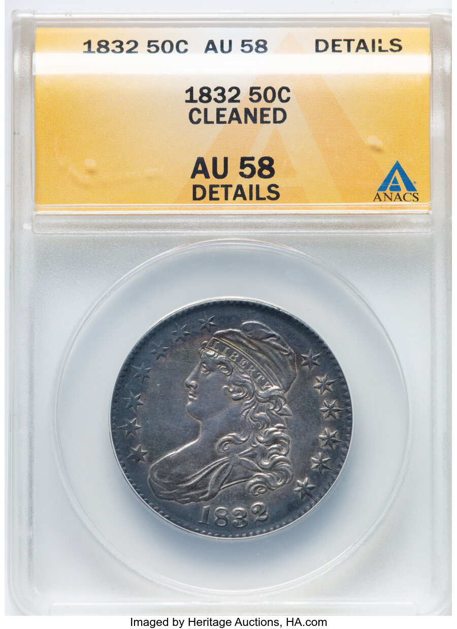 image for: 1832 50C Small Letters, O-115, R.1 -- Cleaned -- ANACS Details. AU58.  Mintage 4,797,000....