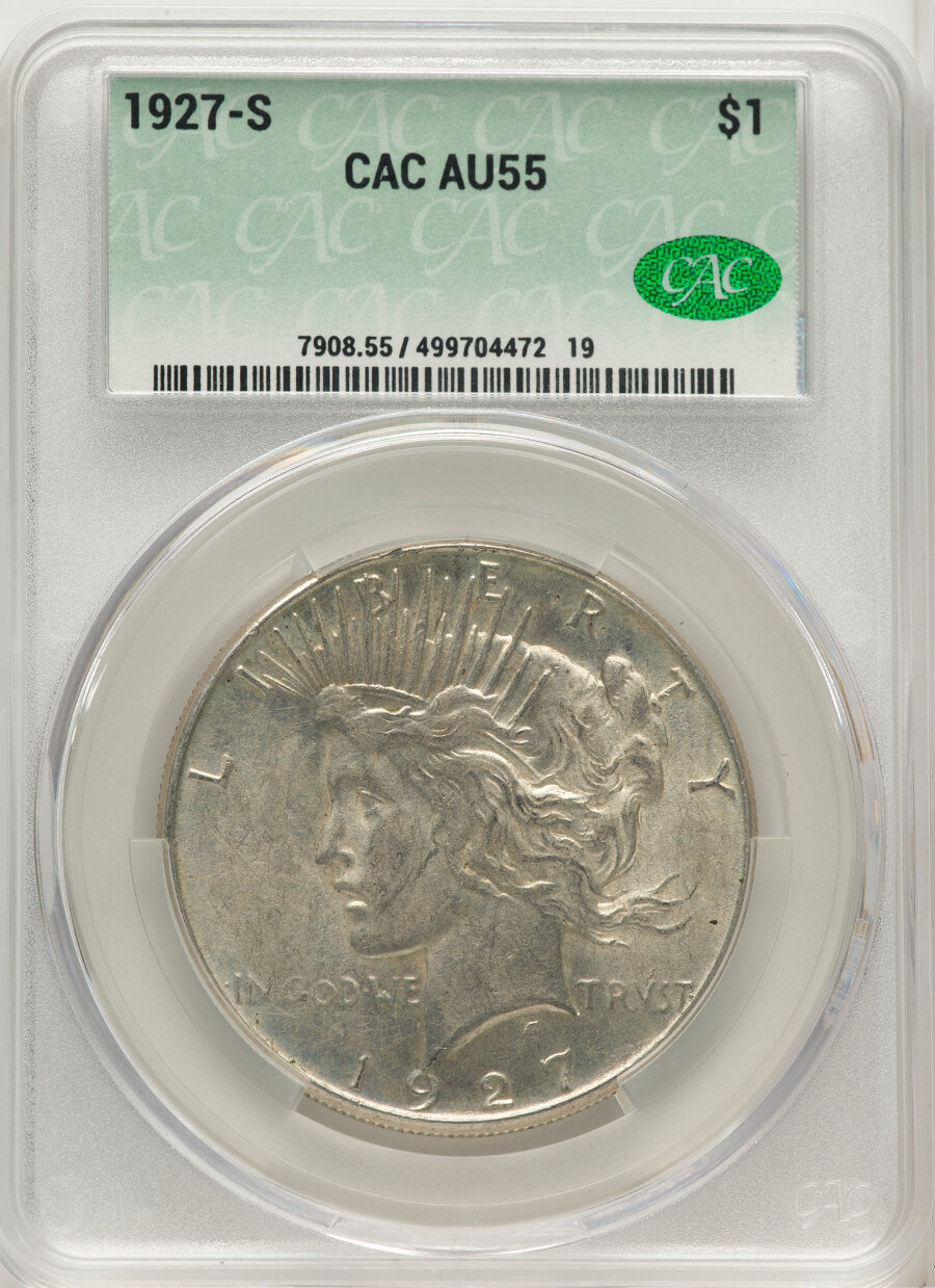 1927-S $1 AU55 CACG. Mintage 866,000....